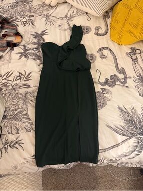 Women's Dark Green One-Shoulder Ruffle Midi Dress